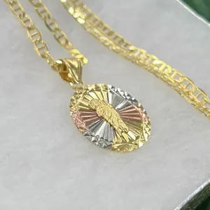 San Judas Tri Color Necklace for Womens Mens Mariner Link Chain San Juditas Pendant 29x20mm Religious Gifts
