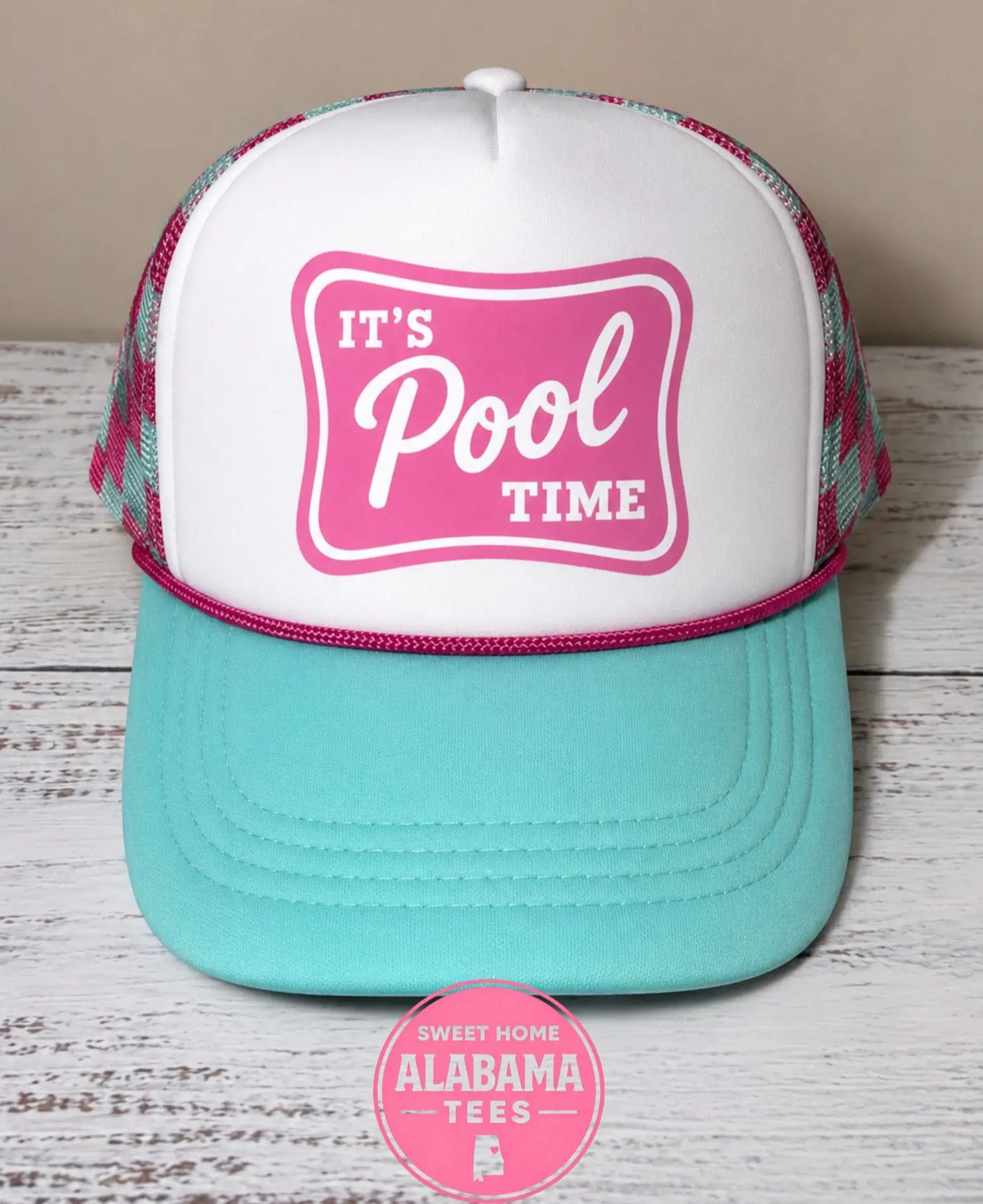 It’s Pool Time Hat – Pink & Mint Checkered