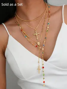 Sold As a Set ｜Gold Plated Multilayer Cross Necklace Set for Women, Elegant Beaded Stacking Necklace, Colorful Crystal Beaded Layered Choker, Boho Y2K Lariat Tassel Cross Pendant, Religious Fashion Jewelry for Party Daily Wear