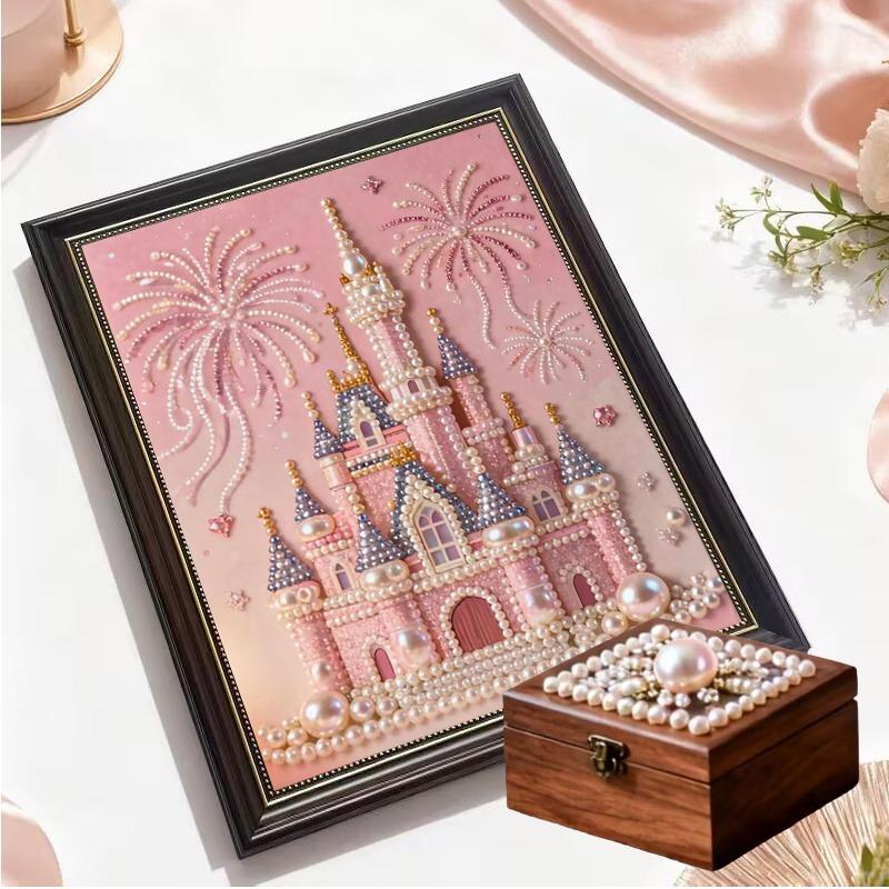 2026 New Pearl Painting: Pink Pearl Fairy Tale Castle Fireworks Glow Theme Frameless Canvas Art Print DIY Decorative Painting Ideal for bedroom decor, living room wall art, room accents, and artwork Perfect as Christmas, New Year, or Valentine's Day gifts