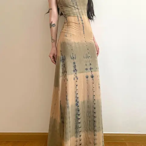 Women's Tie Dye Print Knitted Cami Maxi Dress, Spaghetti Strap Boho Sleeveless Dress for Beach, Holiday & Vacation, Ladies Summer Clothes