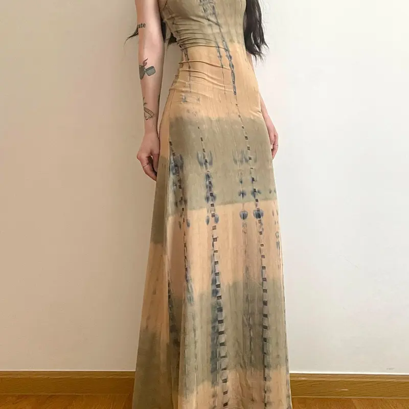 Women's Tie Dye Print Knitted Cami Maxi Dress, Spaghetti Strap Boho Sleeveless Dress for Beach, Holiday & Vacation, Ladies Summer Clothes