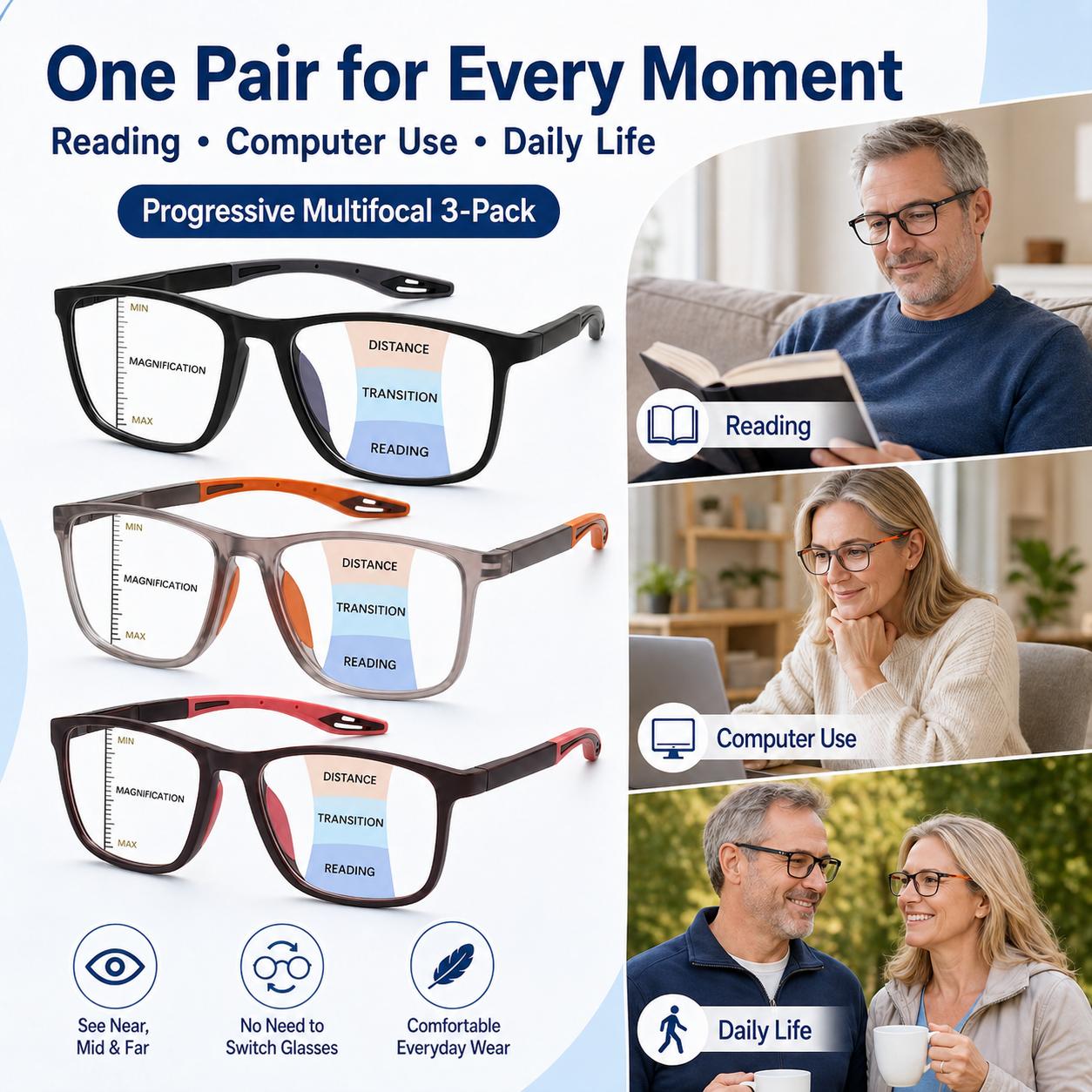 ViewSelect Blue Light Blocking Progressive Reading Glasses with Spring Hinge - HD Anti-Fatigue Computer Readers for Men & Women (Black, Orange, Clear)