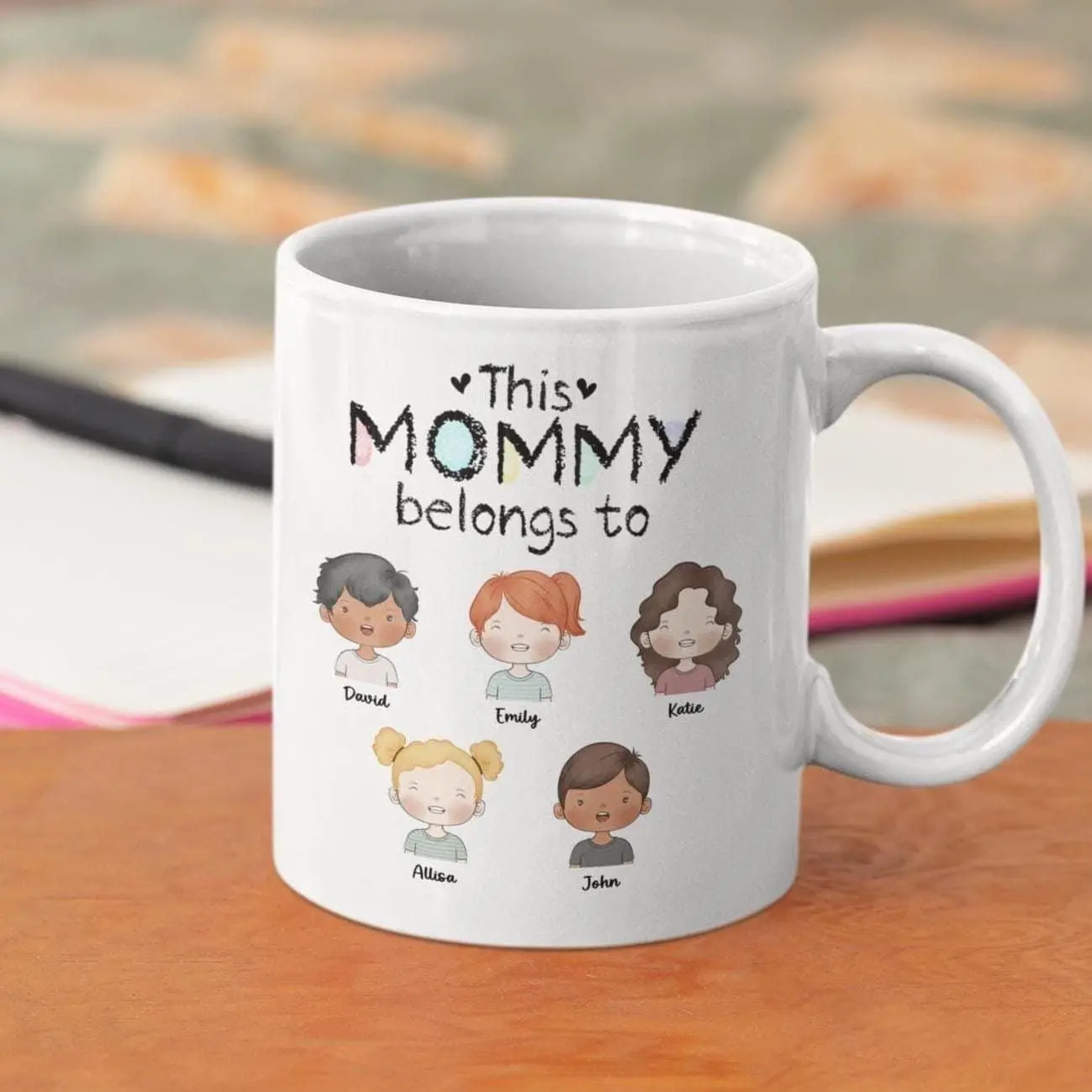 This Mommy Belongs To Mug – Personalized Mom Coffee Mug with Kids Names & Faces, Custom Mother Gift, Family Coffee Cup