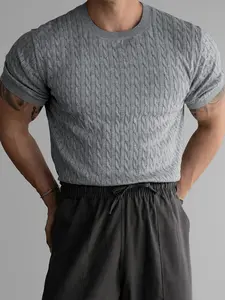 Men's Summer Round Neck Short Sleeve Knit Sweater, Ribbed Collar Pullover Soft Elastic Fabric, Classic Casual Daily Essential Short Sleeve Tee Shirt
