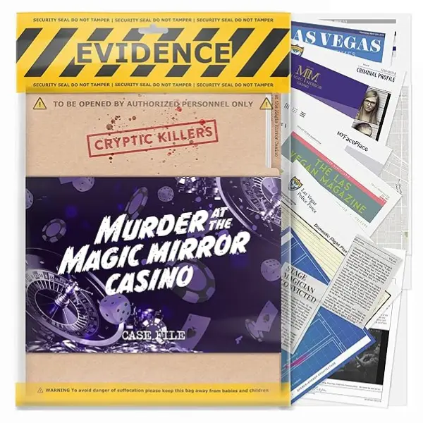 CRYPTIC KILLERS - Murder at The Magic Mirror Casino Cold Case Deduction Board Game, Includes CCTV Images, Coroner's Report, Surveillance Footage for Family Game Night, Fun Dinner Party