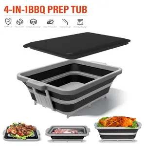 Collapsible BBQ Prep Tub with Lid — 2 Gal (8 L) Foldable Camping Sink & Colander, 4-in-1 Marinating Tub, Cutting Board, Serving Tray & Drink Chiller for Picnic, BBQ & Outdoor