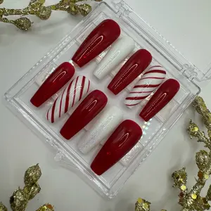 Christmas Nails Candy Cane Shimmer - Christmas Handmade and Hand Painted Long Coffin Press On Nails