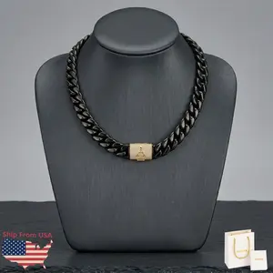 14MM Black Miami Cuban Link Chain Necklace Stainless Steel Iced Out Letter Monogram Clasp Fashion Hip Hop Punk Jewelry For Men With Gift Box