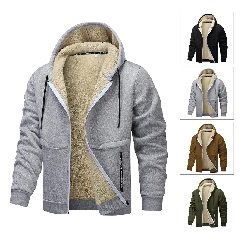 Men’s Plus-Size Fleece-Lined Workwear Hooded Jacket: Jacket, plus size for tall men, multi-pocket heavy-duty zip closure, winter fleece outerwear