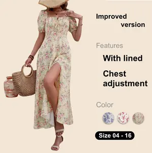 Women's Summer Puff Sleeve Floral Split Maxi Dress Flowy A Line Casual Beach Long Dresses Milkmaid Sundress 2024 Glass Dress Hoco Noemie Boxy Dress Womenswear Underwear