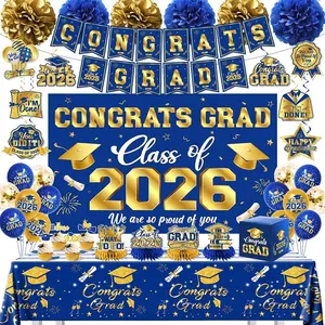 2026 Graduation Decorations Kit - Blue and  Class of 2026 Party Decor with Congrats Grad Banner Backdrop  Swirls Paper Pompoms Balloons for High School College Graduation Party Supplies
