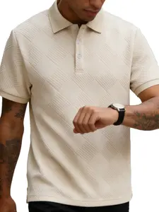 Men's Classic Textured Geometric Jacquard Polo Shirt, Top, Menswear, Short Sleeve Casual Button Front, Waffle Knit, Breathable Fabric, Summer Wear, Street Style