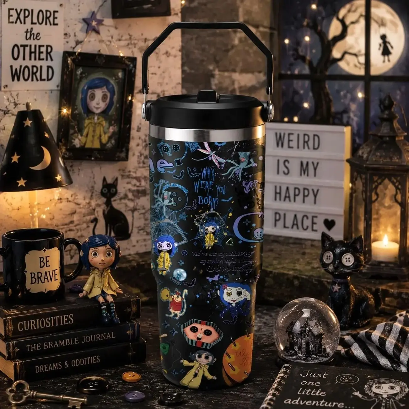 1pc 30oz Stainless Steel Tumbler with Lid and Straw, Portable Insulated Tumbler, Coraline Dark Fantasy Cartoon Style, Vacuum Insulated, Keep Hot 12H / Cold 24H, Creepy Cute for Movie Fans, Unique Gift for Horror Aesthetic Lovers and Animation Enthusiasts