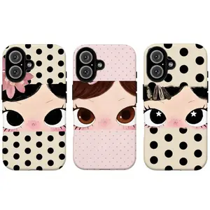 Dreamy INS Glittering Big Eyes Comic Girl Phone Case|Beige & Black Polka Dot Big Eye Girl Phone Case|Cute  Floral Phone Cover For iPhone 17 Pro Max 16 15 14 13 12 11 for Samsung S21 S22 S23 S24 S25 S26 Phone Case|Tough Phone Case