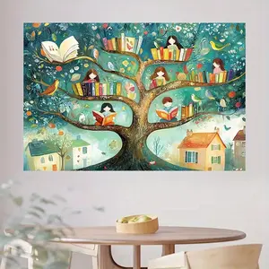 1pc Decorative 2D Flat Colorful Tree Knowledge Wall Sticker - Vibrant Polyester Mural with Books, Birds, Houses - Ideal Classroom, Home Decor - Perfect for Birthdays, Graduations Gifting, Stickers