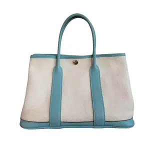 Pre-owned HERMÈS Canvas Tote Bags Garden Party 30 Teal and White Toile and Leather Handbag 2015 HR75