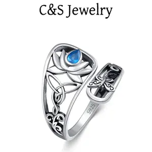 S925 sterling silver adjustable ring, Celtic knot with lotus flower set with blue gemstones, spoon tail carved with butterfly, suitable for women's gifts, daily wear