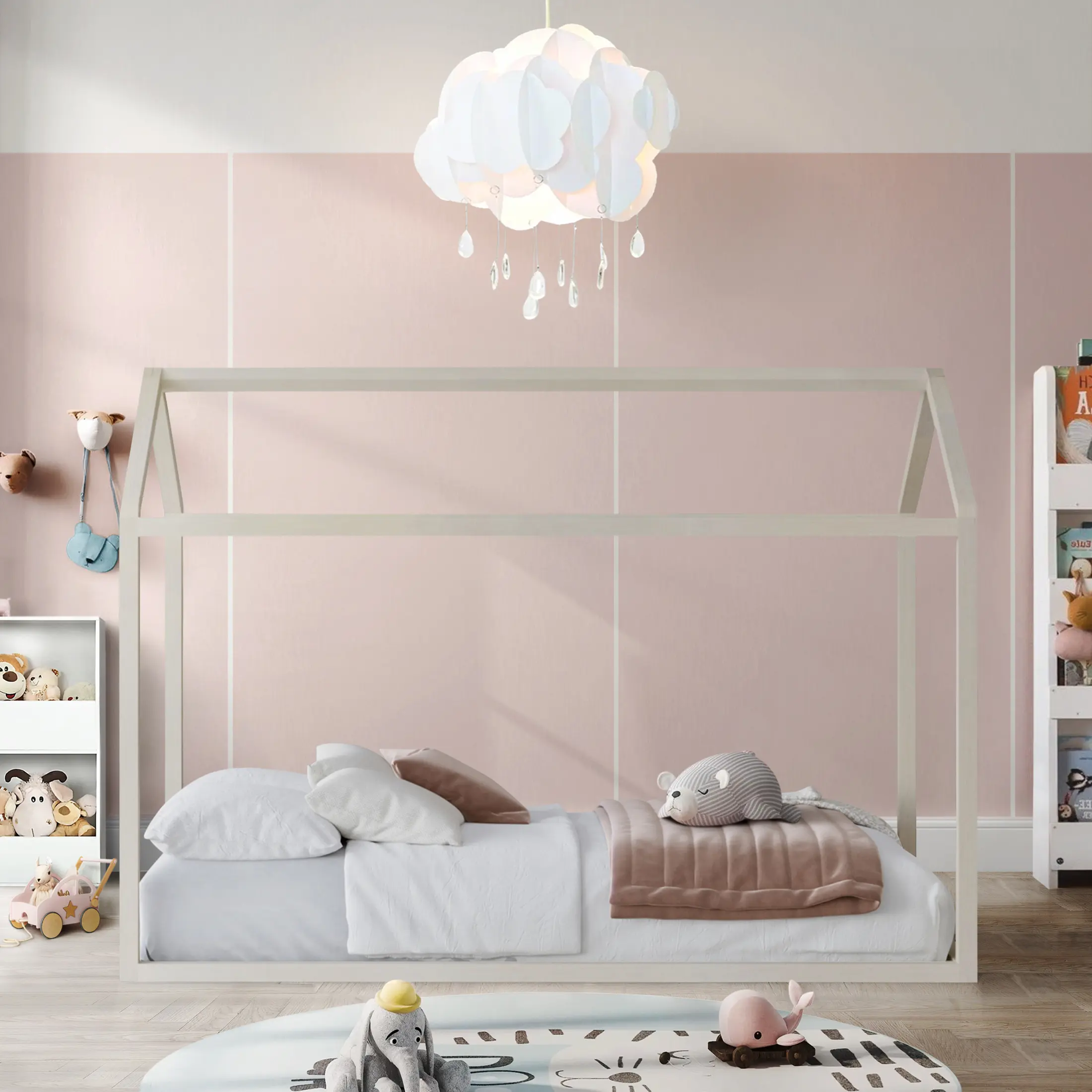 Minimalist Twin-Sized House-Shaped Canopy Bed with Solid Wood Frame