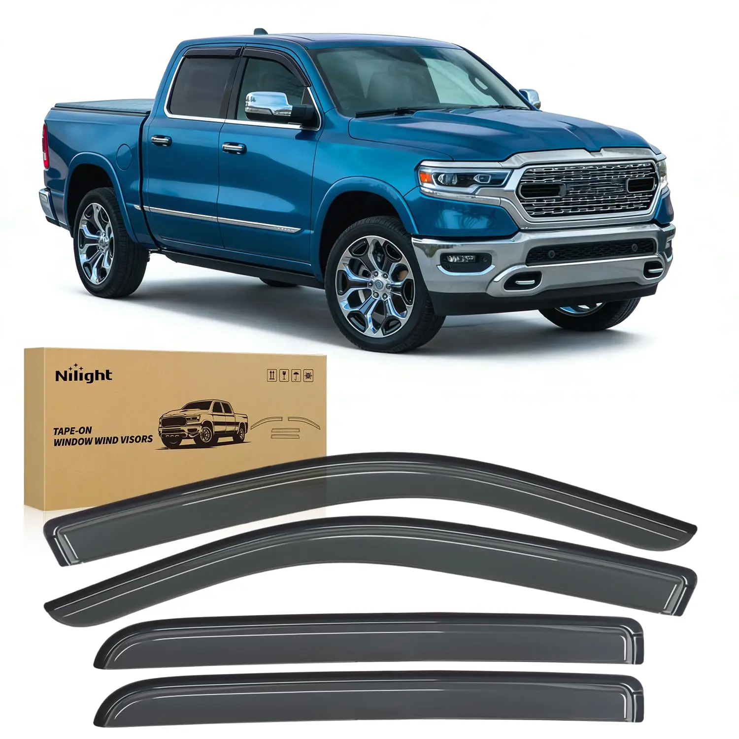 Nilight Tape-On Window Visors for 2019 2020 2021 2022 2023 2024 Ram 1500 Classic Crew Cab, 2009 2010 2011 2012 2013 2014 2015 2016 2017 2018 Ram 1500 Crew Cab, 2010-2025 Ram 2500 3500 Crew Cab & Mega Cab, Outside Mount Rain Guards Vent Visors, 4PCS