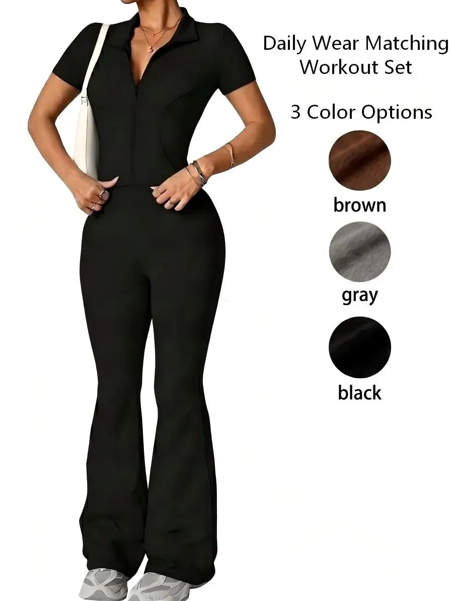 Women's 2-Piece Zip-Up Long Sleeve Crop Top & High-Waist Flare Leg Pants, Womenswear Yoga Workout Activewear Set for Spring Summer Vibes outdoorfun summerwins Casual Fitness Wear Athletic Fitness Clothes