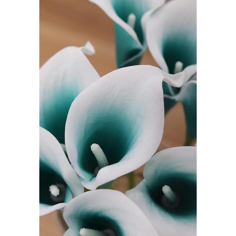 Mini Artificial Calla Lily 10 Stem Bridal Bouquets Artificial Latex Real Touch Flowers for Home Party Decor (Teal Blue White)