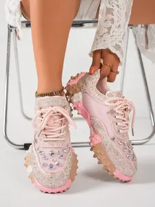 Sweet Cool Girl Style Rhinestone Lace Rose Bow Dad Shoes, Thick Sole Height Boost Slimming Anti-Slip Casual Streetwear Trainers Sports Shoes Sneaker