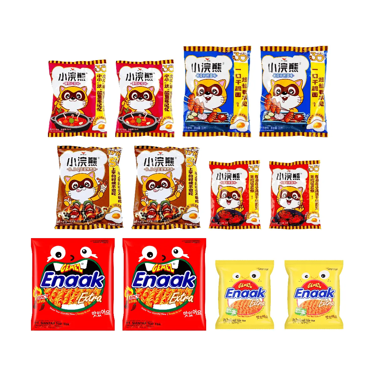 Uni-President Taiwan Little Bear Crispy Noodles & GEMEZ Indonesia Chickpea Snacks - 6 Flavors, 12 Packs, 396g Variety Snack Box