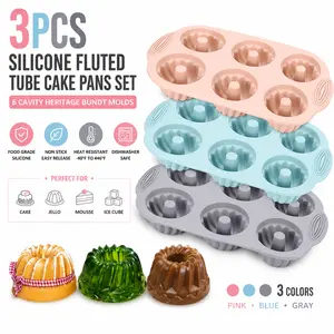 3pcs Silicone Fluted Tube Cake Pans Set - 6 Cavity Heritage Bundt Molds for Baking, Non Stick Jello Molds for Gelatin, Mousse, Ice Cube, Dishwasher Safe (Pink, Blue, Gray)