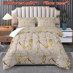 3pc Patterned Quilt Set (1 Quilt + 2 Pillowcases), Contains 200gsm Filling, Soft Breathable, Digital Print, Suitable for Bedroom Dorm Home Use, Bedding Set