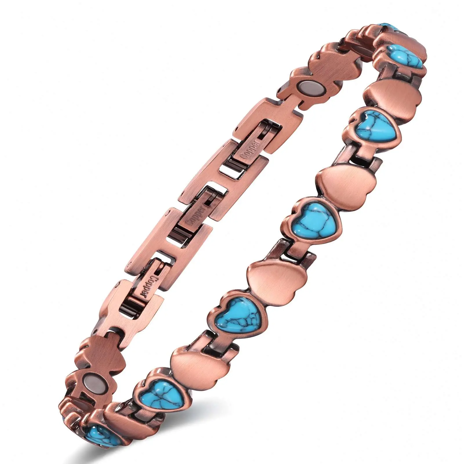 Women's Boho Vintage Copper Heart Shape Link Bangle - Adjustable Size, Turquoise Gemstone Accent, Everyday Wear Gift