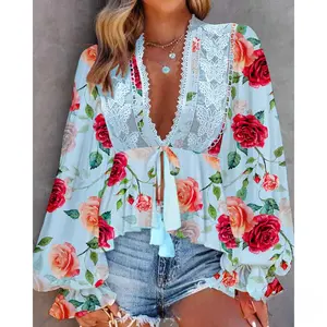Womens Plunge Neck Sheer Lace Trim Lantern Sleeve Shirt with Tie Waist Ruffle Hem Loose Fit Casual Boho Elegant Blouse Top,V Neck Floral Embroidery Chiffon Blouse Mesh Layered Top