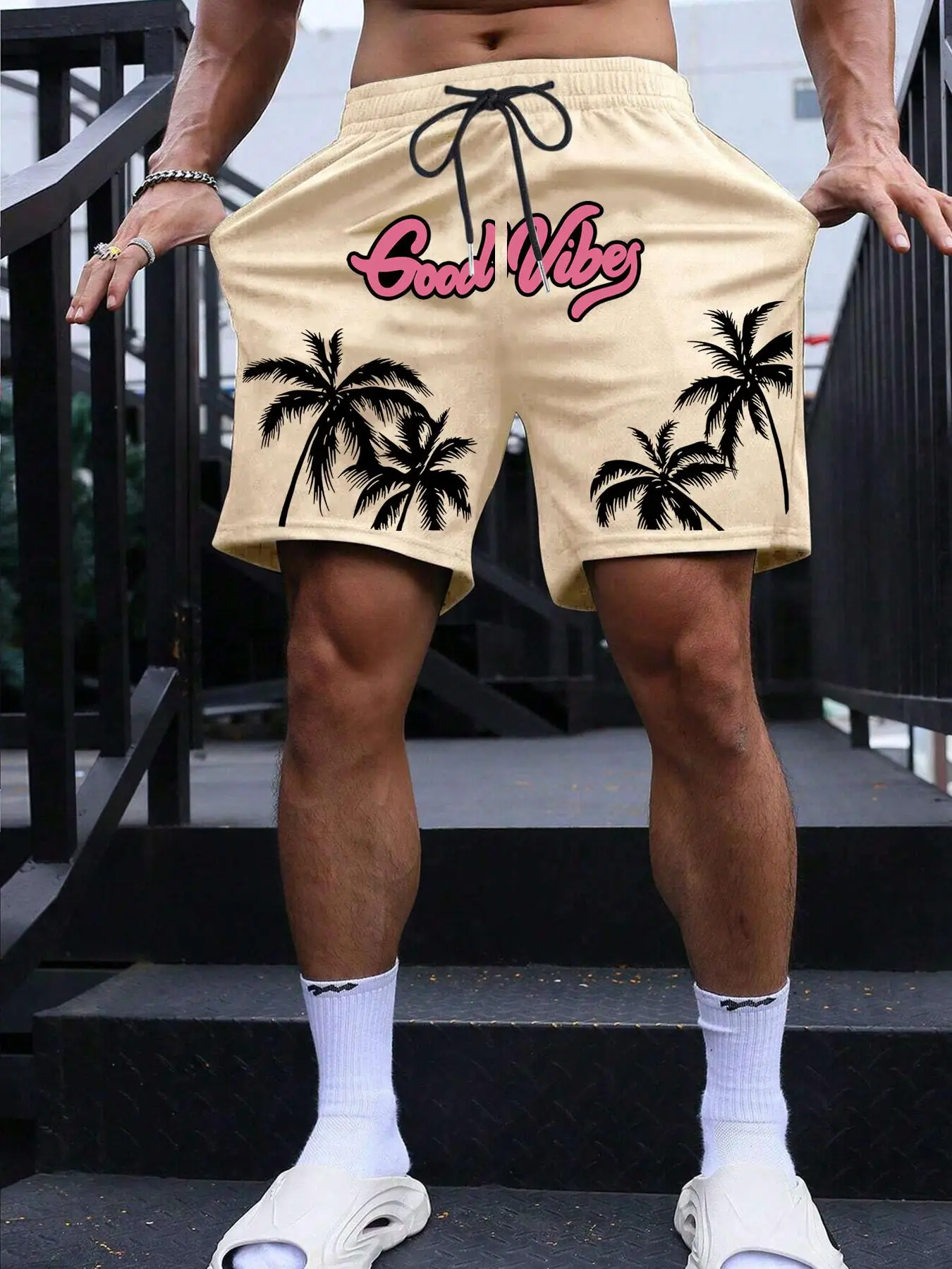 LGBTQ+ Men's Coconut Tree & Letter Print Drawstring Shorts, Loose Casual Street Pocket Elastic Waist Shorts for Summer, Fashion Men's Bottoms for Dail