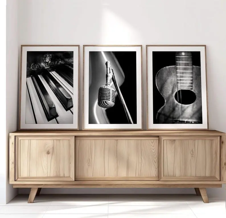 Music Art, Set of 3, Vintage Music Prints Black and White Photography Guitar Art Piano Decor Microphone Print Music Room Decor Musician Gift #118