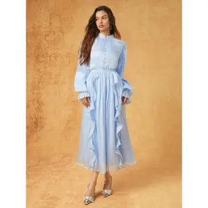 Cider Stand Collar Lantern Sleeve Ruffled Belted Flared Maxi Dress