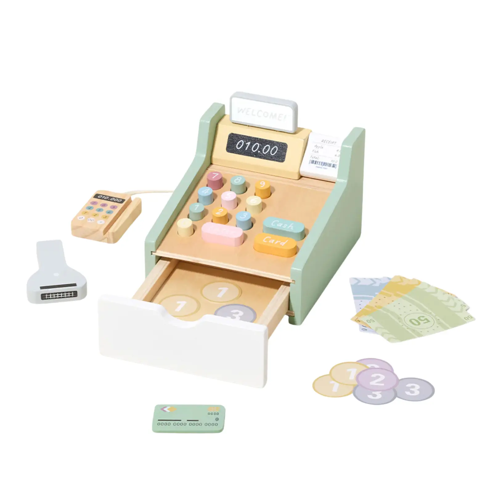 Wooden Cash Register Toy for Kids with Play Money, Coins, Cards and Scanner, Pretend Store Playset