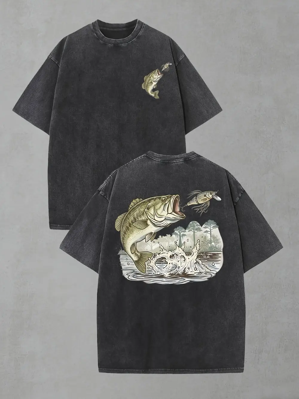 Vintage Mineral Washed Bass Fishing T-Shirt – Largemouth Bass & Lure Graphic Tee, Lakeside Outdoor Shirt, Gift for Freshwater Anglers