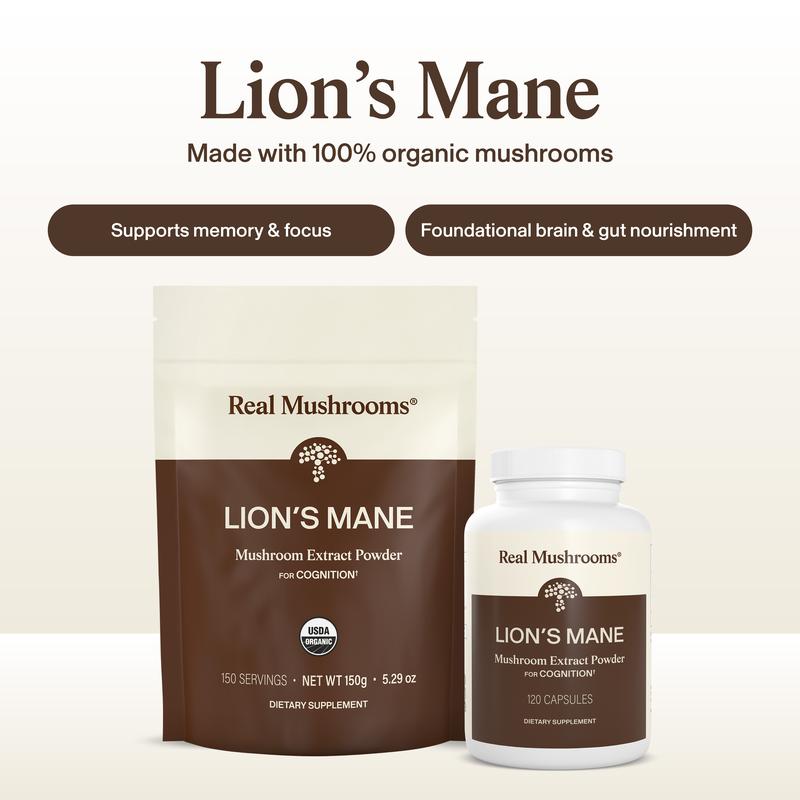 Real Mushrooms Organic Lion's Mane | Brain and Focus Support | 100% Mushroom No Fillers | Third Party Tested | 120 or 300 Capsules | 60-150 Day Supply
