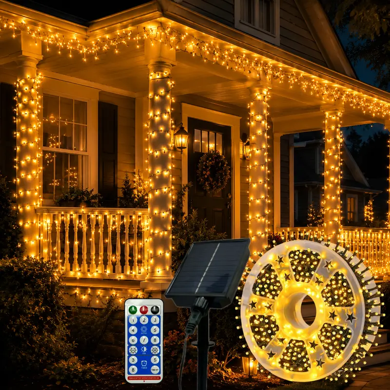 800-LED Solar Outdoor Warm White Fairy String Lights, 334.6FT IP65 Waterproof Energy-Efficient Adjustable Dimmable Remote-Controlled Decor, Ambient LED Holiday Atmospheric Lighting for Patio, Garden