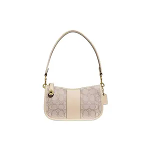 COACH Swinger 20 Small Leather Crossbody Bag with Signature Monogram Print and Zipper Closure in Ivory for Women