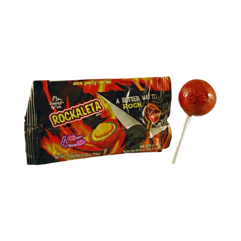 Sonrics Rockaleta Tamarindo Lollipop Box (30 Count) Spicy Sweet Mexican Candy Snack Bonbon Candies, Dulces Mexicanos