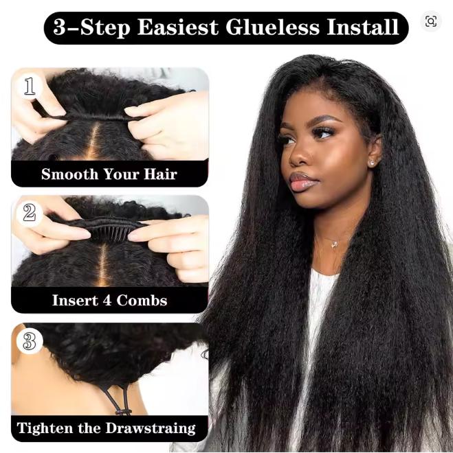 Bling Hair Kinky Straight Half Wigs Glueless 3 IN 1 Half Wig With Drawstring 100% Human Hair Wig Seamless Clip Ins Flip Over