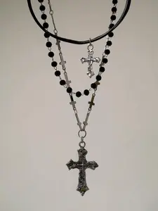 Gothic Dark Cross PU Leather Beaded Multi-Layer Necklace, Vintage Punk Style Party Jewelry for Women, Unique Ladies' Accessory, Gothic Mystery Jewelry