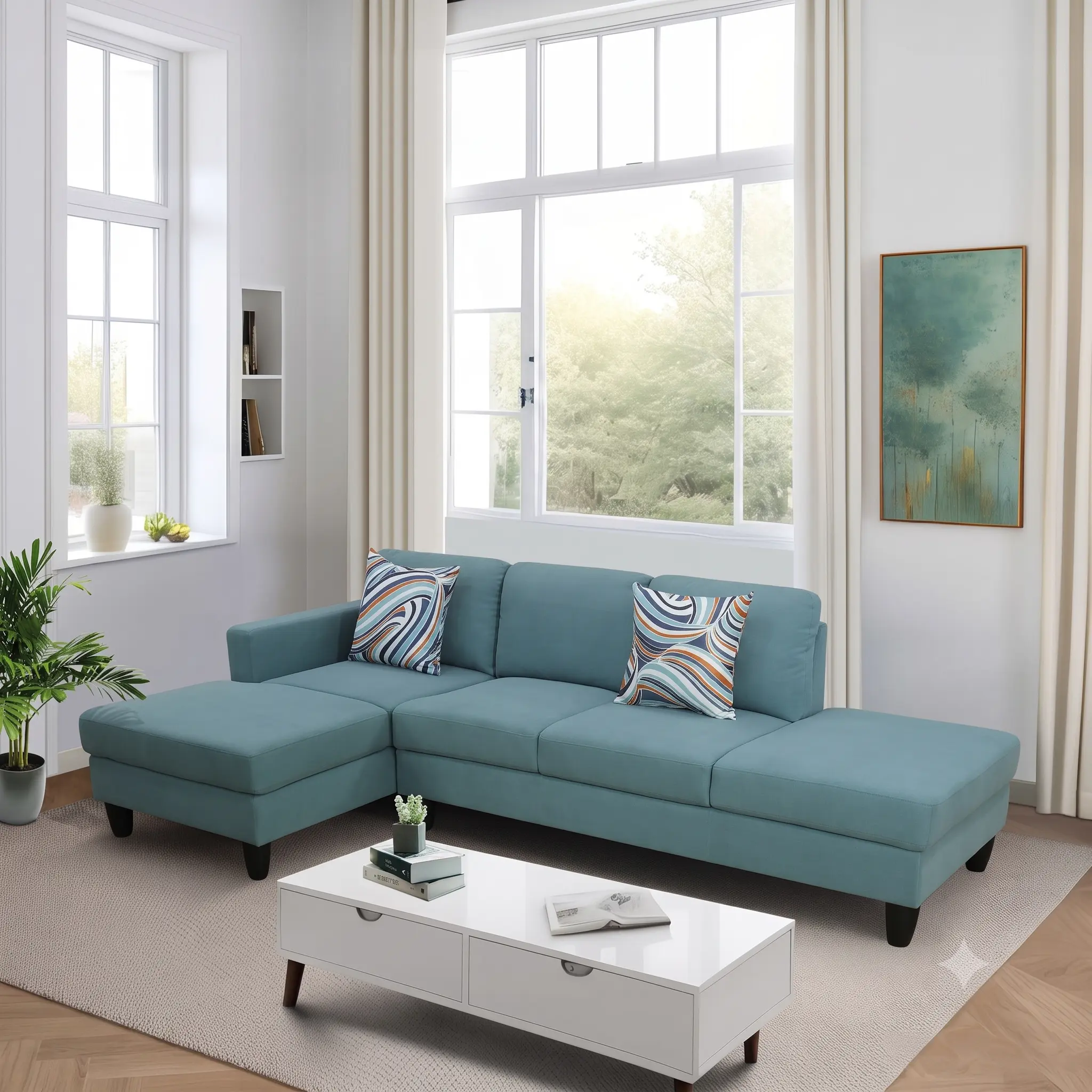 Lake-Green Calico 2-Piece L-Shaped Sectional Sofa Set, Stylish Indoor Living Room Furniture Couch for Home Spaces