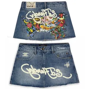 Streetwear Skirt Harajuku Gothic Hip Hop Letter Print Vintage Blue Denim Skirt Women's Fashion Retro High Waist Slim Mini Skirt