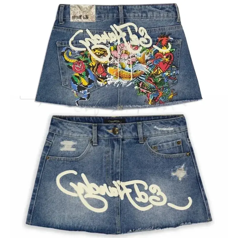 Streetwear Skirt Harajuku Gothic Hip Hop Letter Print Vintage Blue Denim Skirt Women's Fashion Retro High Waist Slim Mini Skirt,travel,versatile