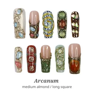 Lilynailsart | Arcanum Press On Nails – Long Square – Gemstone & Metallic Abstract Nails