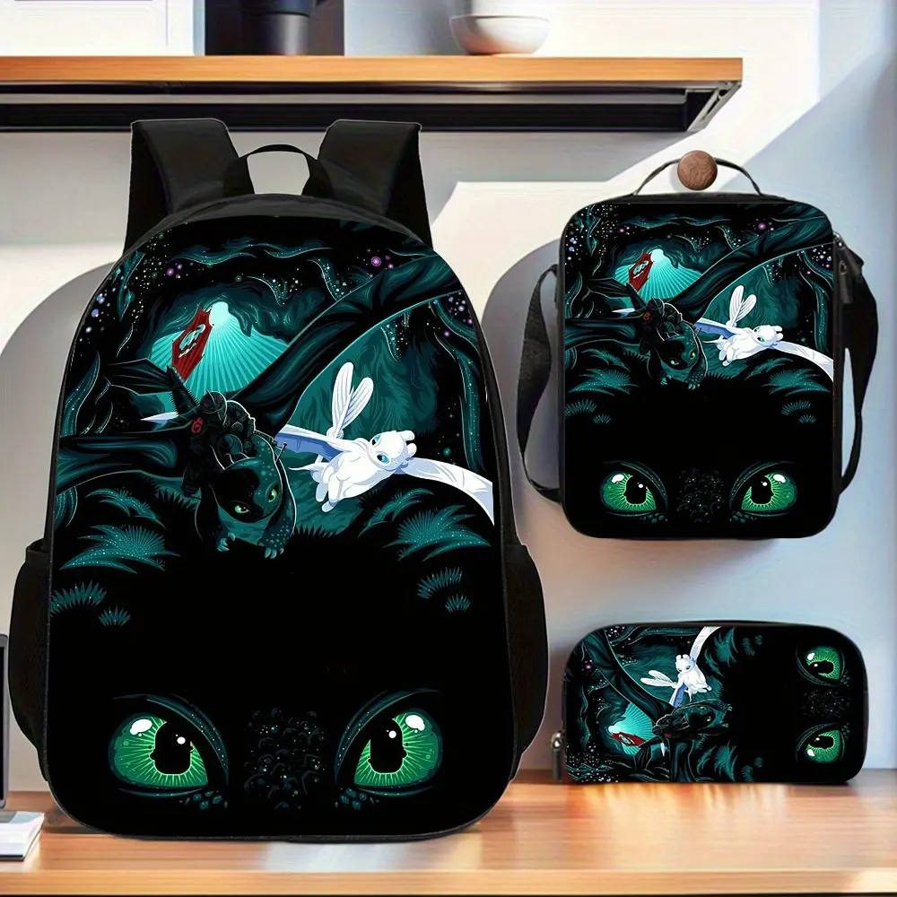 Toothless & Light Fury 3-Piece Backpack Set, How to Train Your Dragon Print School Bag + Lunch Bag + Pencil Case, Oxford Cloth Adjustable Strap Daypack for Movie Fans & Kids
