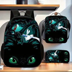 Toothless & Light Fury 3-Piece Backpack Set, How to Train Your Dragon Print School Bag + Lunch Bag + Pencil Case, Oxford Cloth Adjustable Strap Daypack for Movie Fans & Kids