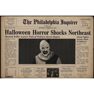 Terrifier-Inspired Poster – Vintage Newspaper Horror Print (Masked Clown, 13×19)